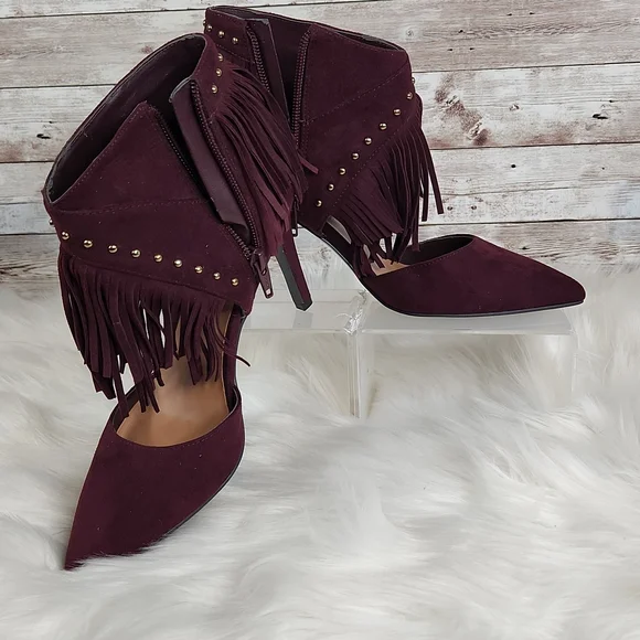 Nine West, women's Burgandy fringed suede heels, small gold hardware, Sz 6 1/2 - Picture 11 of 11